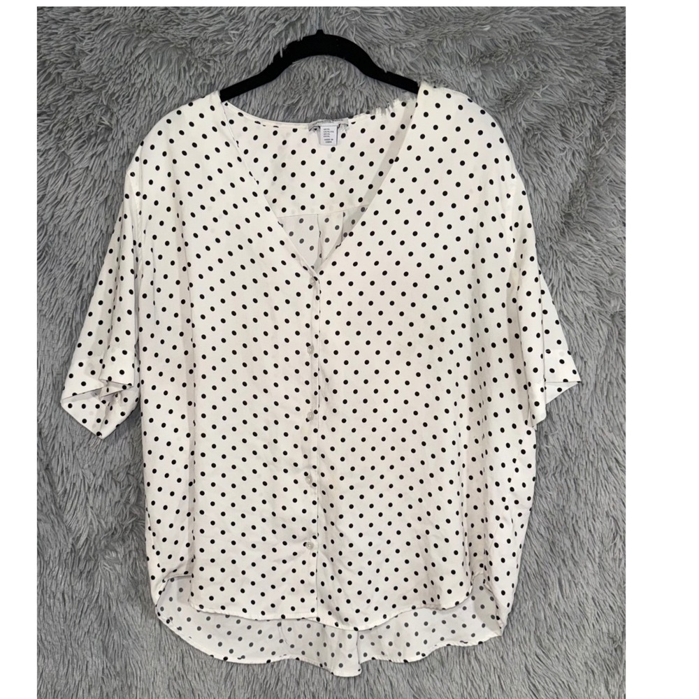 Women's White Black Polka Dot V-Neck Short‎ Sleeve Button Front Blouse Top
